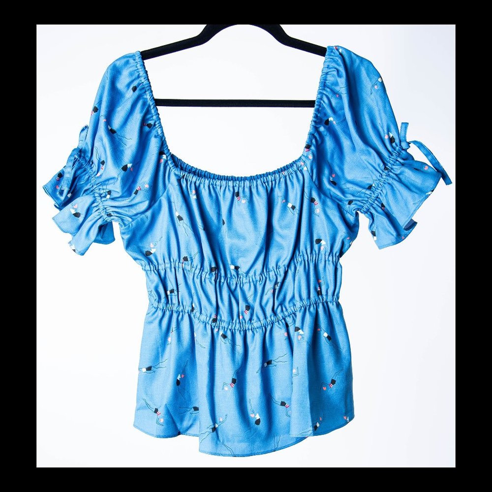 Hutch Womens Blue Smocked Puff Sleeve Top M NWT